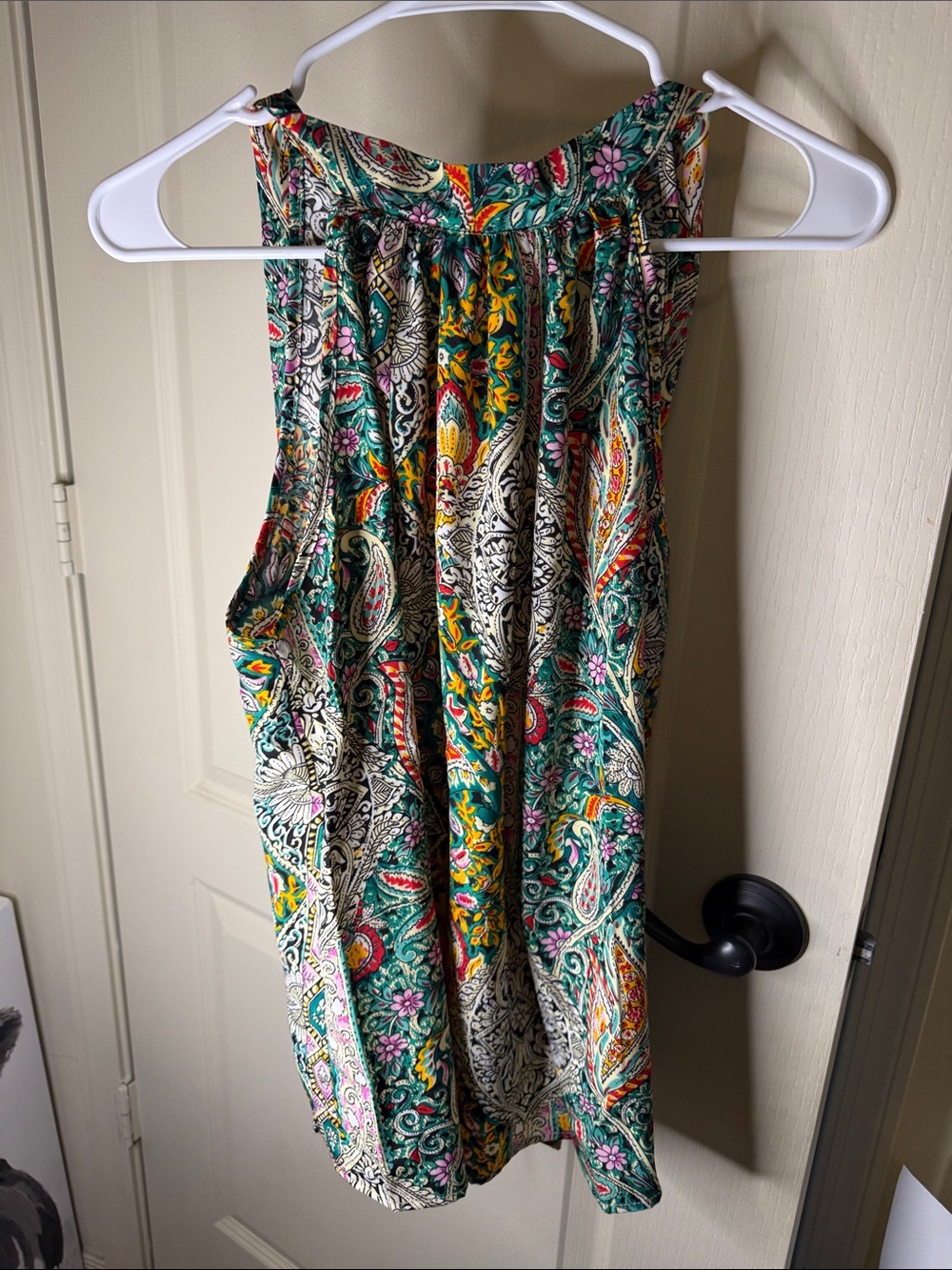 Sleeveless Paisley Print Tank — Teal, Yellow & Pink